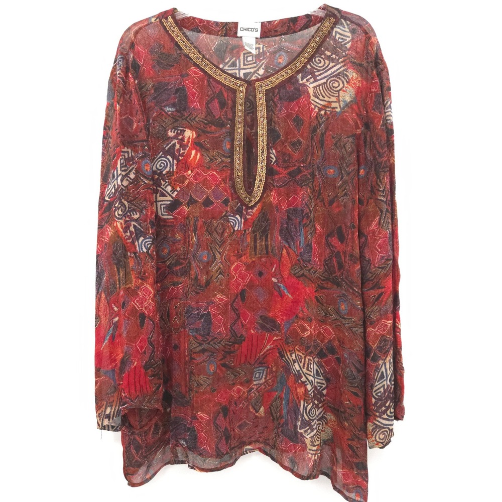 Chico's Sequin Bead Tunic Top Women Size 3 (XL) Red Abstract Split Neck Sheer